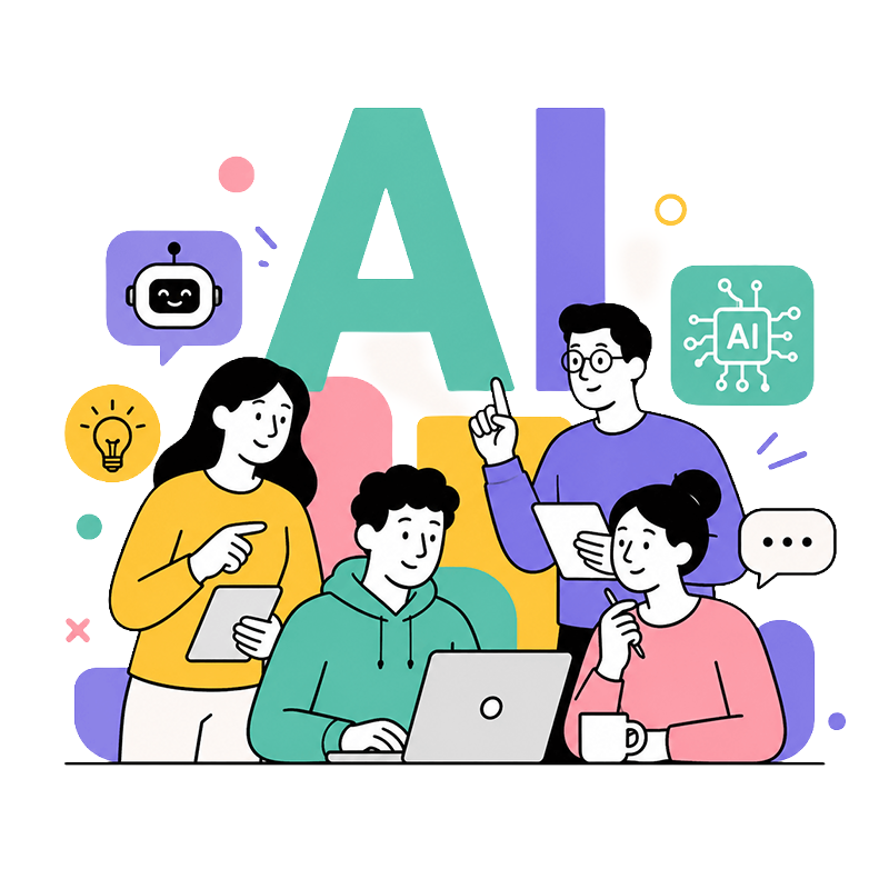 Three friendly characters learning AI together with a giant lightbulb and tablet