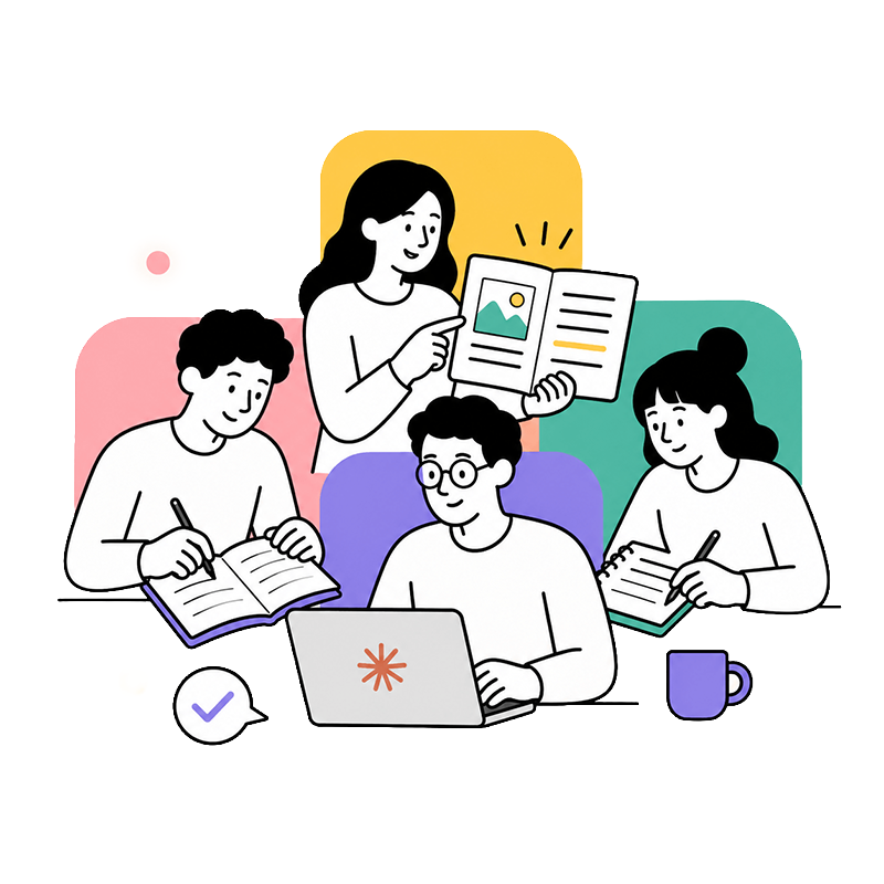 People studying with notebooks and a laptop